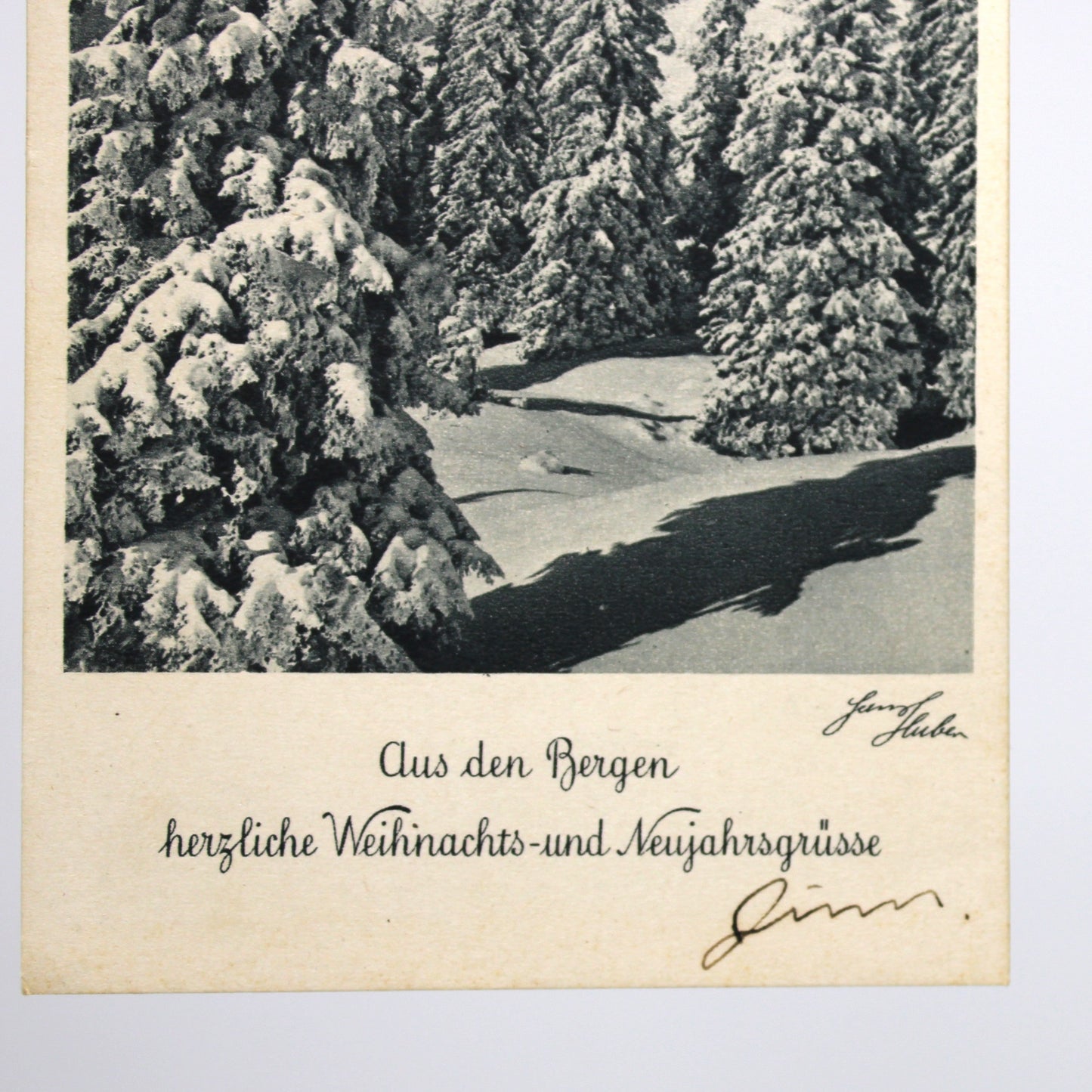 A vintage postcard featuring a black-and-white winter forest scene with snow-covered trees and a snowy path, Hans Huber 1930s