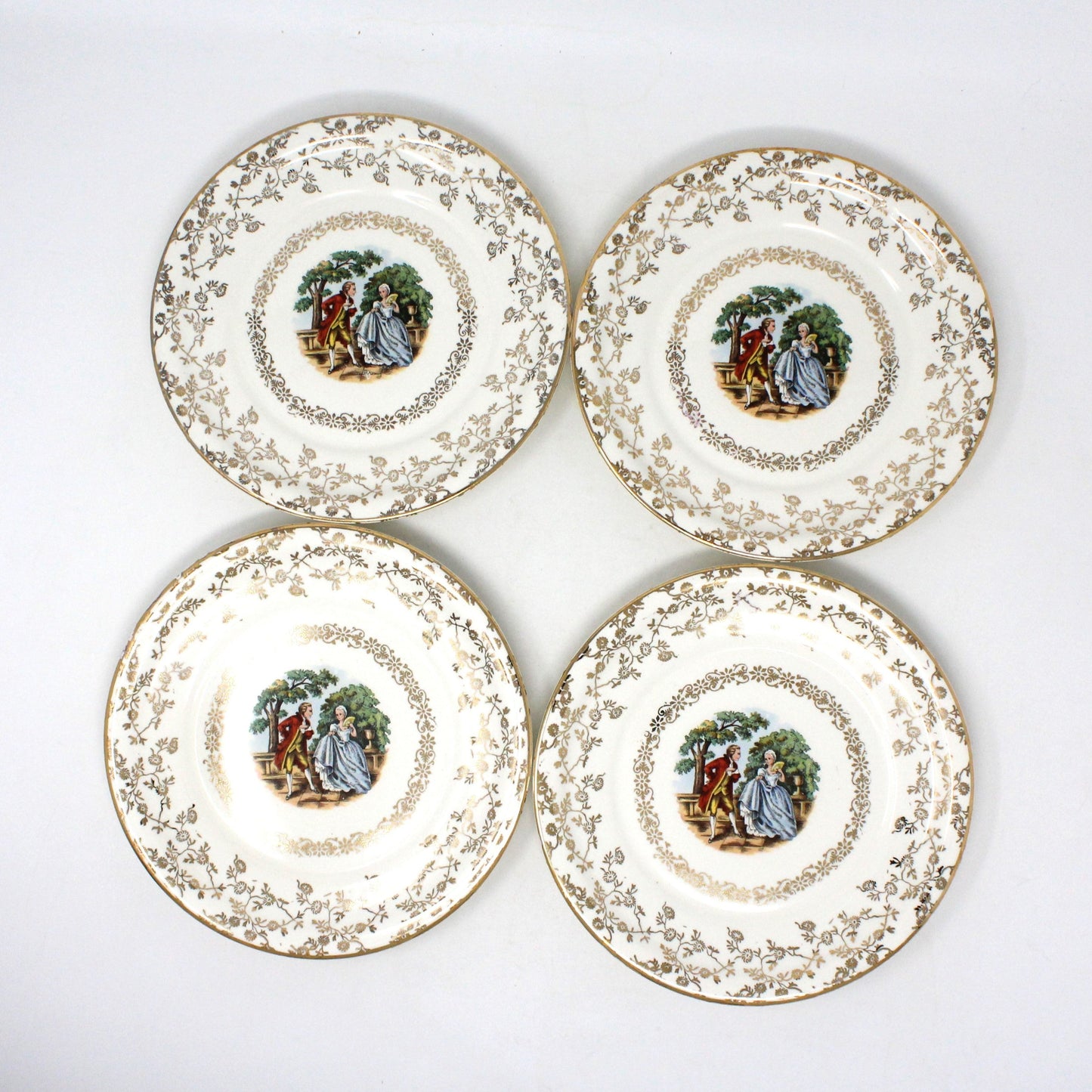 Dessert / Salad Plates, Harker Pottery, Victorian Courting Couple Fragonard, Filigree, Set of 4, Vintage