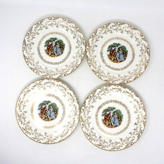 Dessert / Salad Plates, Harker Pottery, Victorian Courting Couple Fragonard, Filigree, Set of 4, Vintage