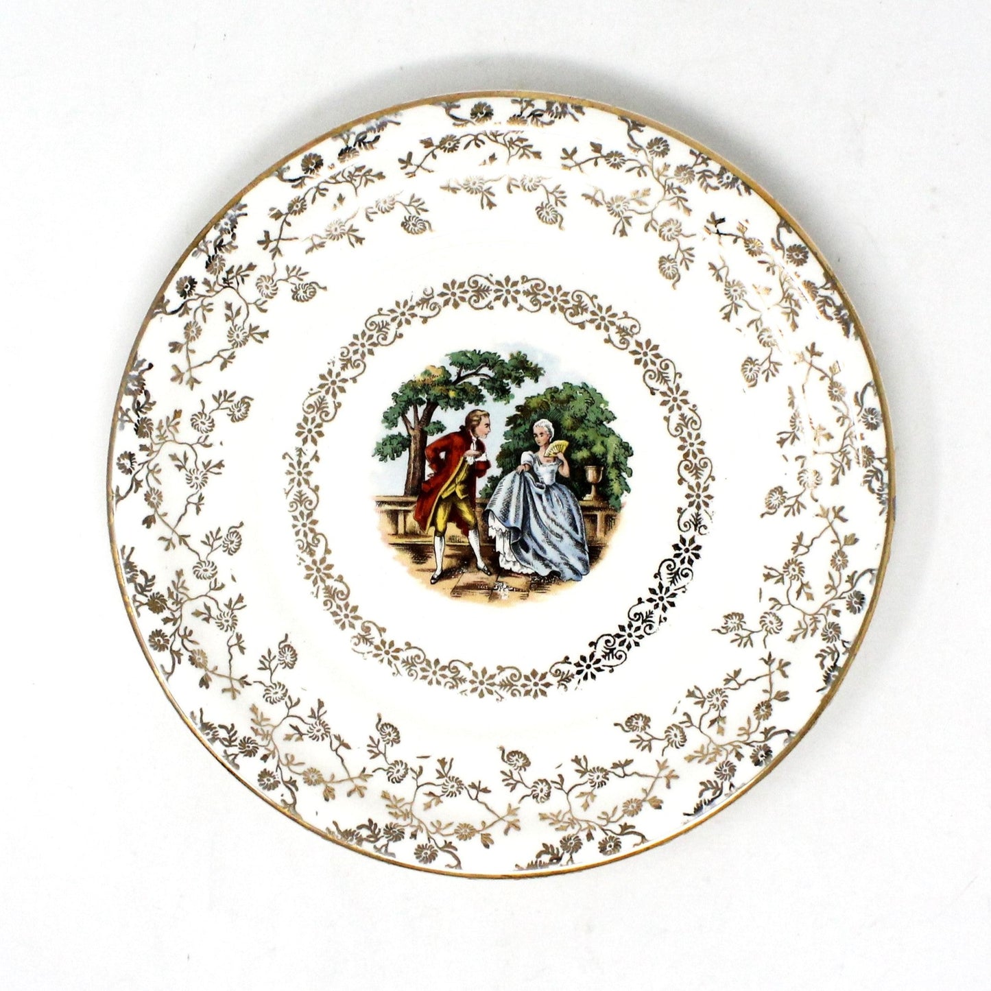 Dessert / Salad Plates, Harker Pottery, Victorian Courting Couple Fragonard, Filigree, Set of 4, Vintage