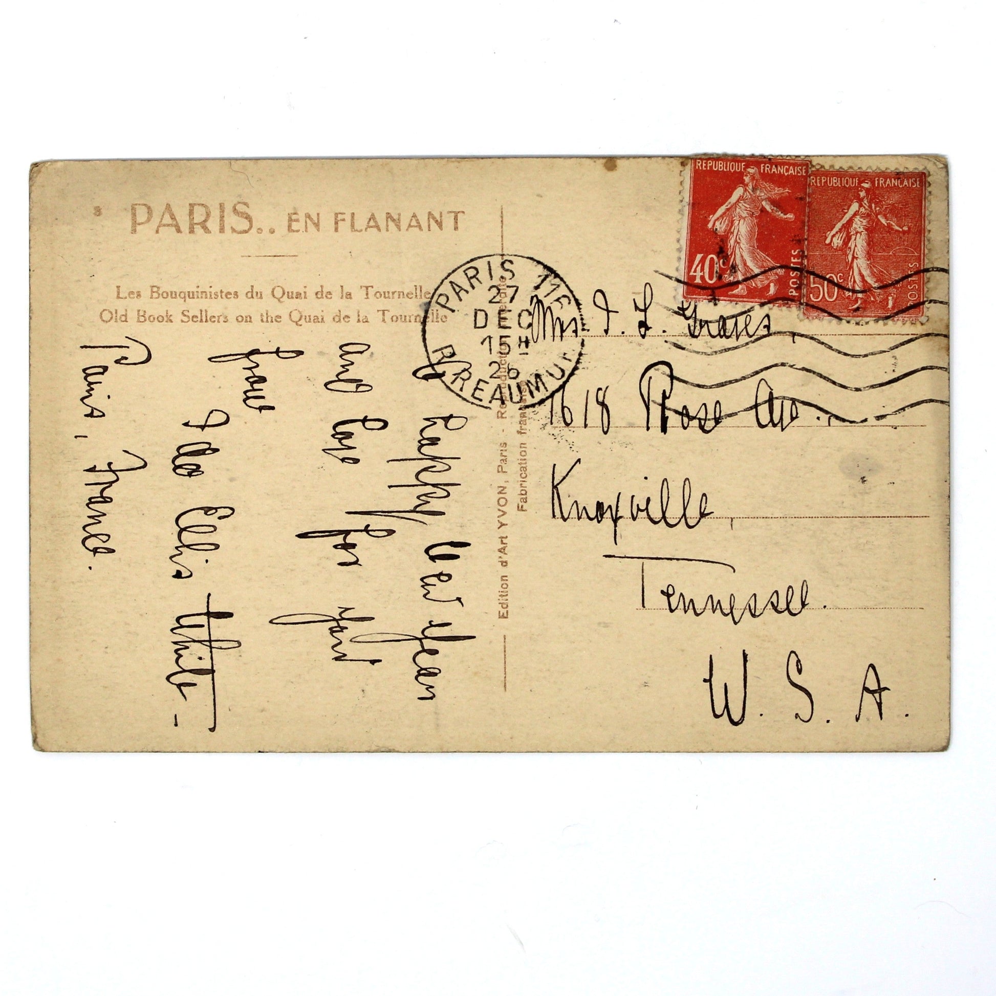 Back view of antique French postcard with a beige background, featuring a red stamp, handwritten address details, and postmarks, date 1926.