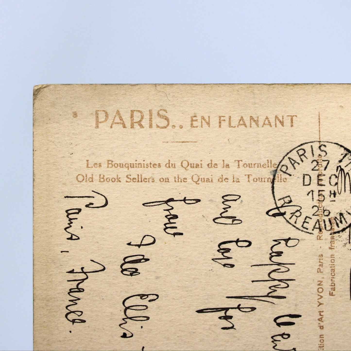antique postcard, back view.  Written, Paris..en flanant Les Bouquinistes de Quai