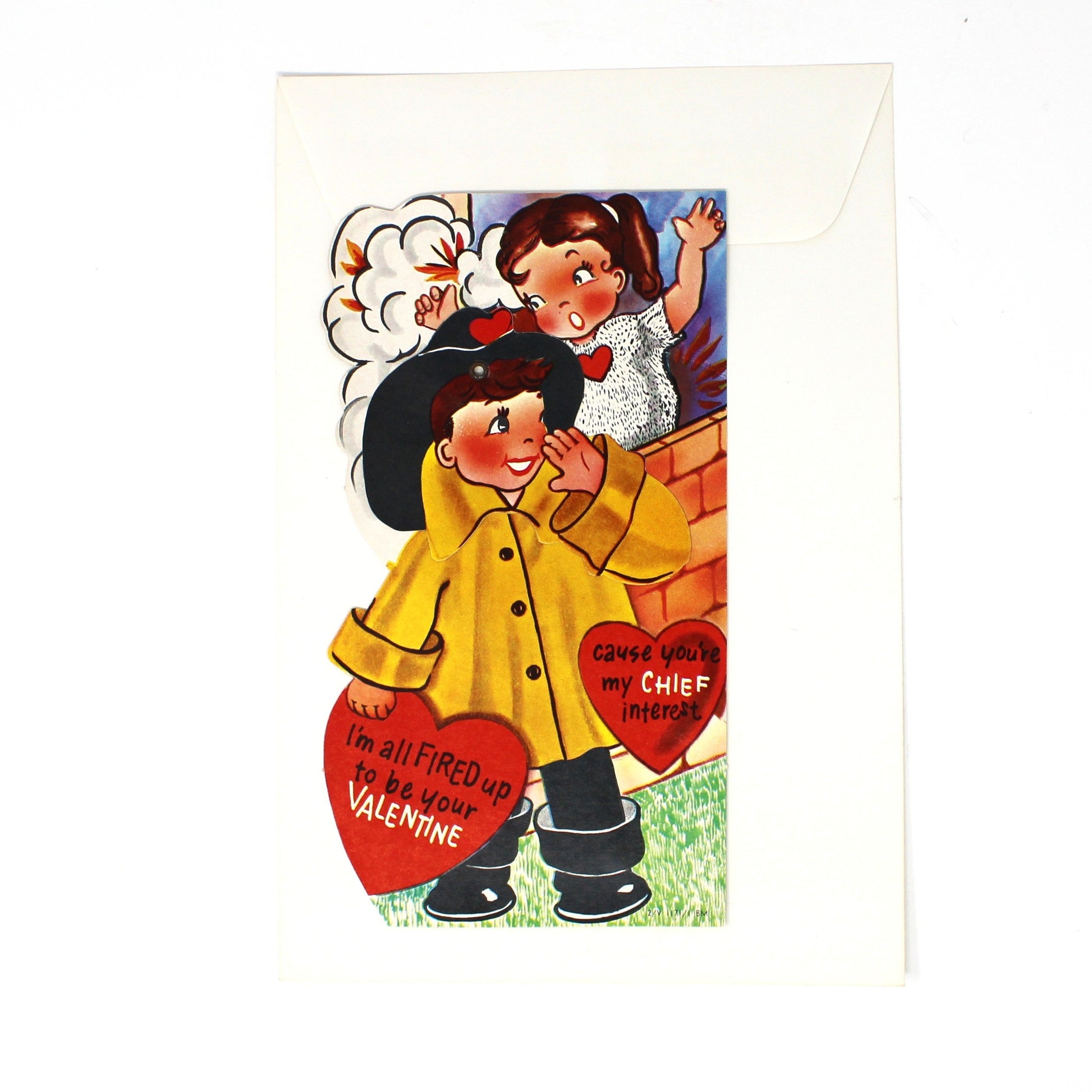 A vintage Valentine's Day postcard featuring an illustration of a fireman in a yellow coat holding red hearts that say 'MY Valentine' with original envelope.