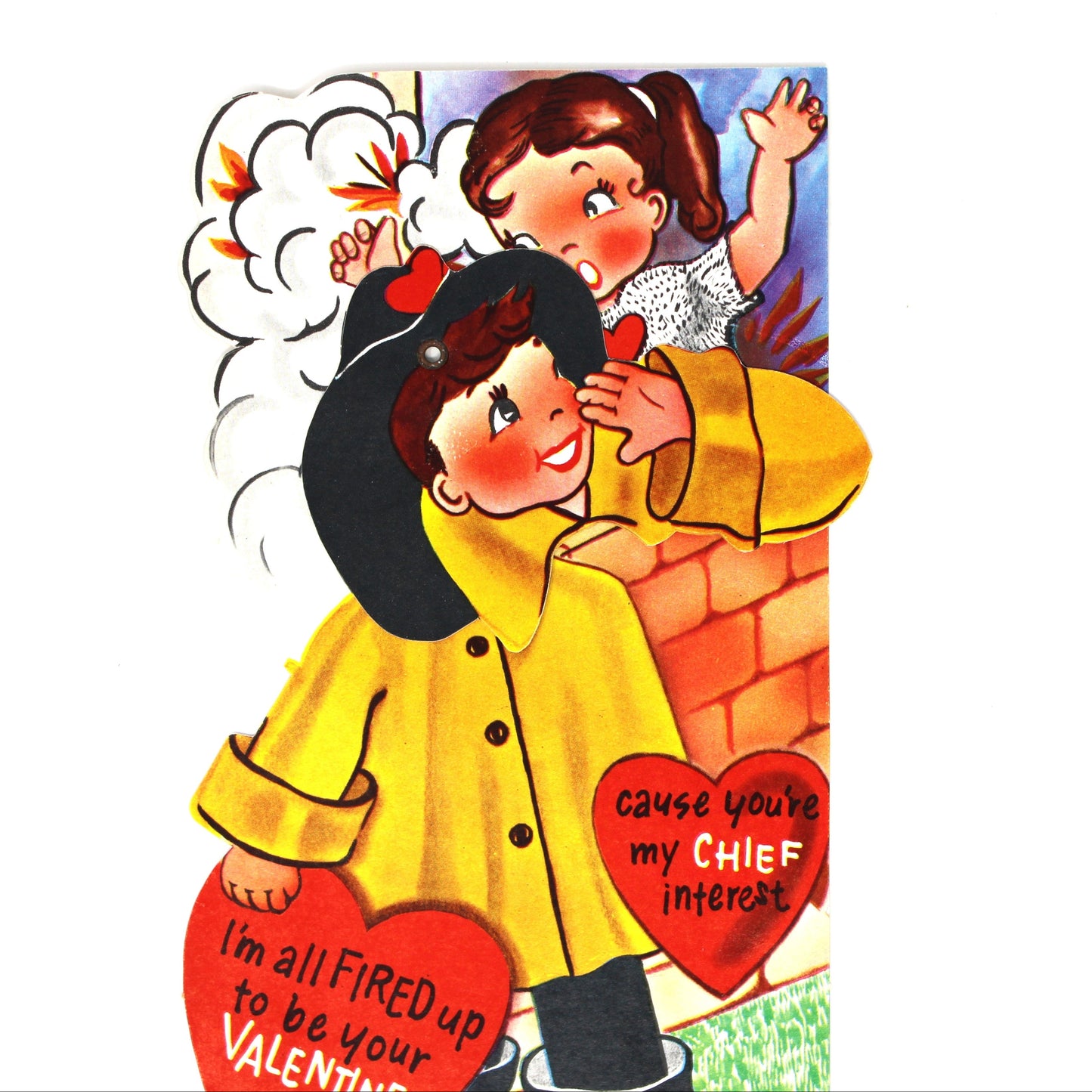 close up of a vintage Valentine's Day greeting card. Die-Cut and movable, showing a fireman in a yellow coat hugging a red heart-shaped valentine with a smiling woman above