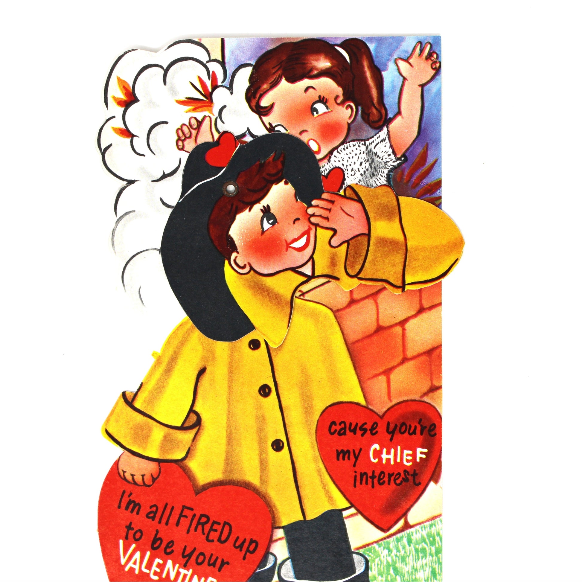 close up of a vintage Valentine's Day greeting card. Die-Cut and movable, showing a fireman in a yellow coat hugging a red heart-shaped valentine with a smiling woman above