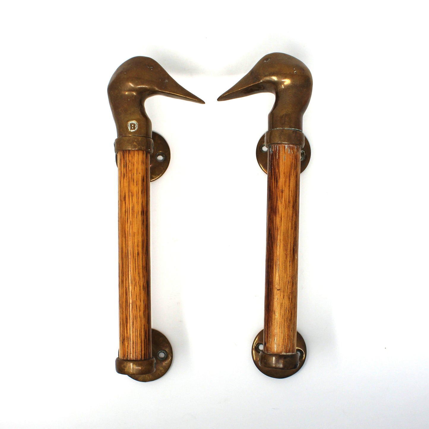 Door Pulls, Vintage 1970s, Carved Wood & Brass Duck Head Design, Set of 2
