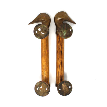 Door Pulls, Vintage 1970s, Carved Wood & Brass Duck Head Design, Set of 2