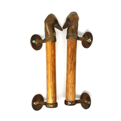 Door Pulls, Vintage 1970s, Carved Wood & Brass Duck Head Design, Set of 2