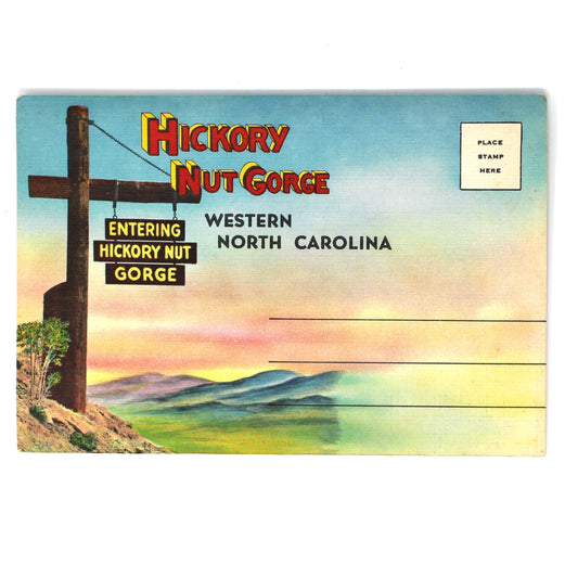 A vintage postcard souvenir photobook featuring a scenic illustration of the Hickory Nut Gorge in Western North Carolina, with a wooden signpost, mountains, and a sunset sky.