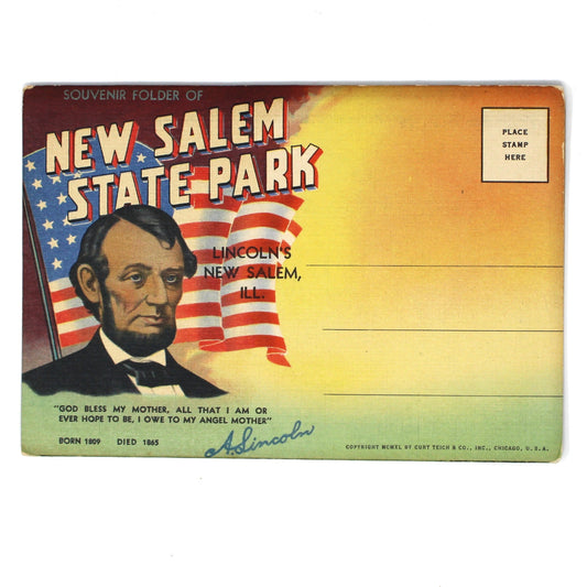 A vintage New Salem State Park postcard featuring a portrait of Abraham Lincoln and an American flag, with a yellow-to-green gradient background and 'New Salem State Park' text.