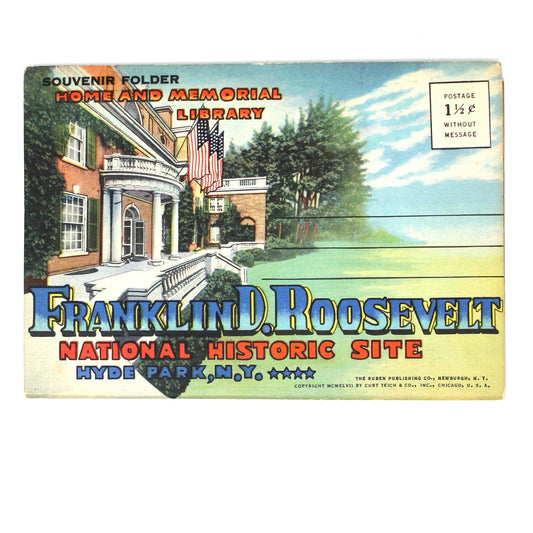 A vintage souvenir postcard or collectible card featuring an illustration of the Franklin D. Roosevelt National Historic Site in Hyde Park, New York, with prominent blue and red text at the bottom.