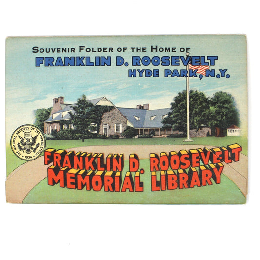 back view of vintage souvenir photo book from Franklin Roosevelt Memorial Library in Hyde Park NY