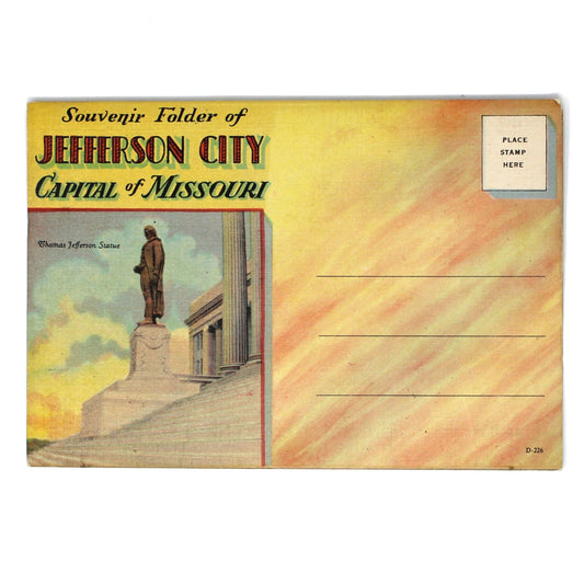 A vintage souvenir accordion folder postcard for Jefferson City, Capital of Missouri, featuring a yellow and orange illustrated design with a statue on the left 