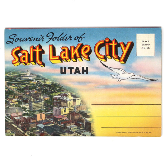 A vintage Salt Lake City, Utah souvenir folder postcard or card shown flat against a plain white background. The card features colorful illustrated city scenery, large 'Salt Lake City' lettering, and a white postage-style box on the right.