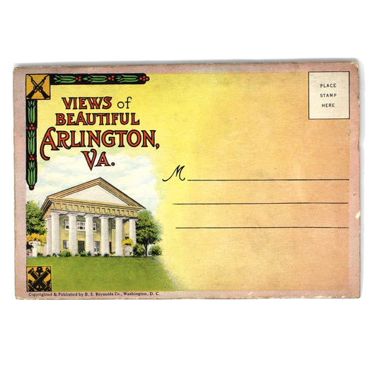 A vintage postcard showing a scenic view of Arlington, Virginia, featuring a classical building and the text 'Views of Beautiful Arlington, VA.