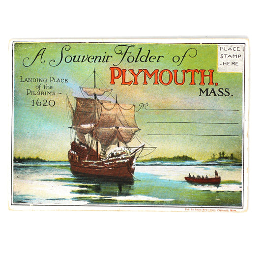 A vintage souvenir folder featuring an illustration of a 1620 Plymouth ship on the water, with text reading 'A Souvenir Folder of Plymouth Mass.' and 'Landing Place of the 1620 Plymouth.