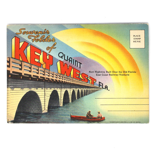 A vintage postcard featuring the Florida bridge over the Gulf of Mexico, with large red and yellow text reading 'Southwest Harbor of KEY WEST, FLA.' and a small boat on the water, shown against a plain white background.
