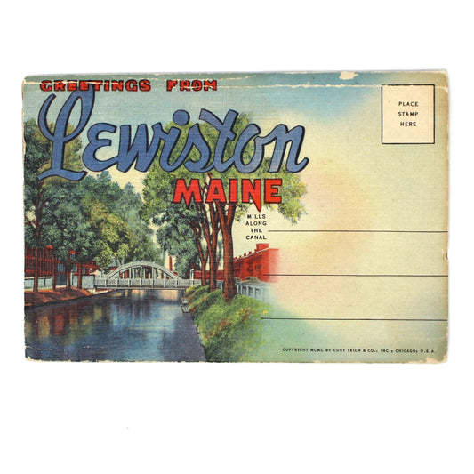 A vintage Lewiston, Idaho, electricity post card featuring a scenic landscape illustration with trees, a bridge, and a river, with the text 'Lewiston, Idaho' in blue script.