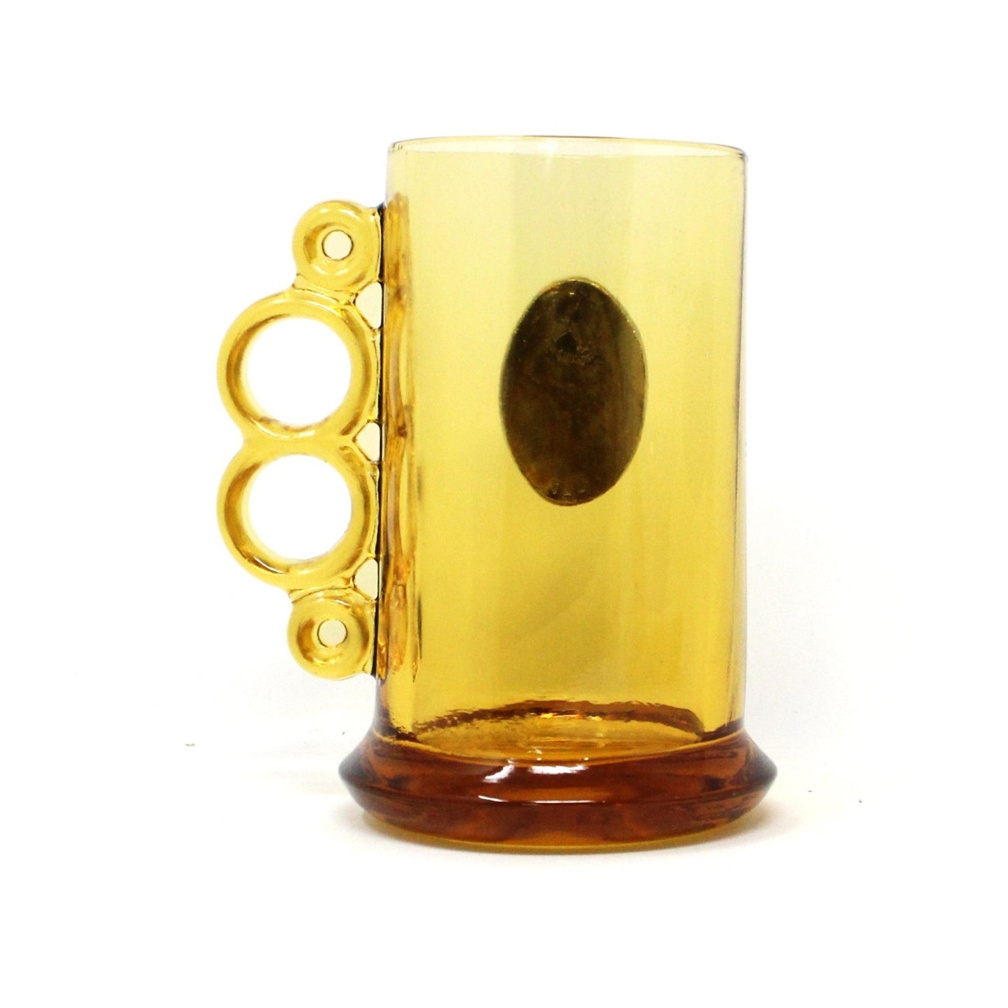 Beer Mug, Two Finger / Knuckle Handle Design, Amber Glass Wolf Shield Crest, Vintage