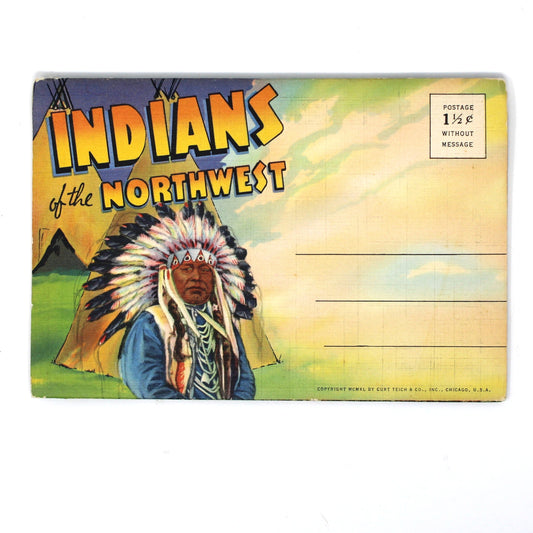 A vintage illustrated postcard or stamp-like card reading 'INDIANS of the NORTHWEST,' showing a person in a large feathered headdress and a teepee 