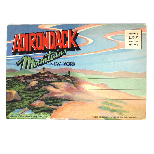A vintage rectangular postcard or travel print featuring an illustrated landscape of Adirondack Mountains, New York, with the title 'ADIRONDACK Mountains New York' in large red and blue lettering at the top.