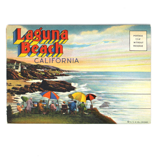 A vintage-style Laguna Beach, California postcard or travel print showing a coastal beach scene with people under colorful umbrellas.