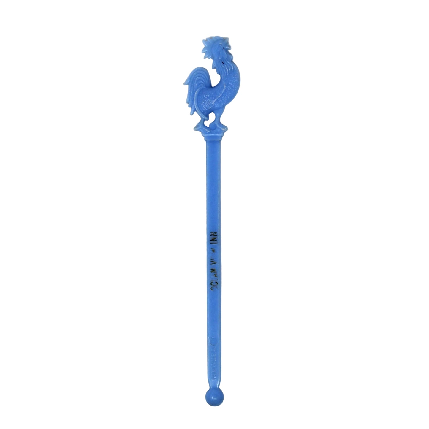 A vintage blue plastic cocktail stirrer, swizzle stick with a rooster-shaped top