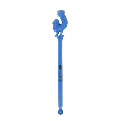 A vintage blue plastic cocktail stirrer, swizzle stick with a rooster-shaped top
