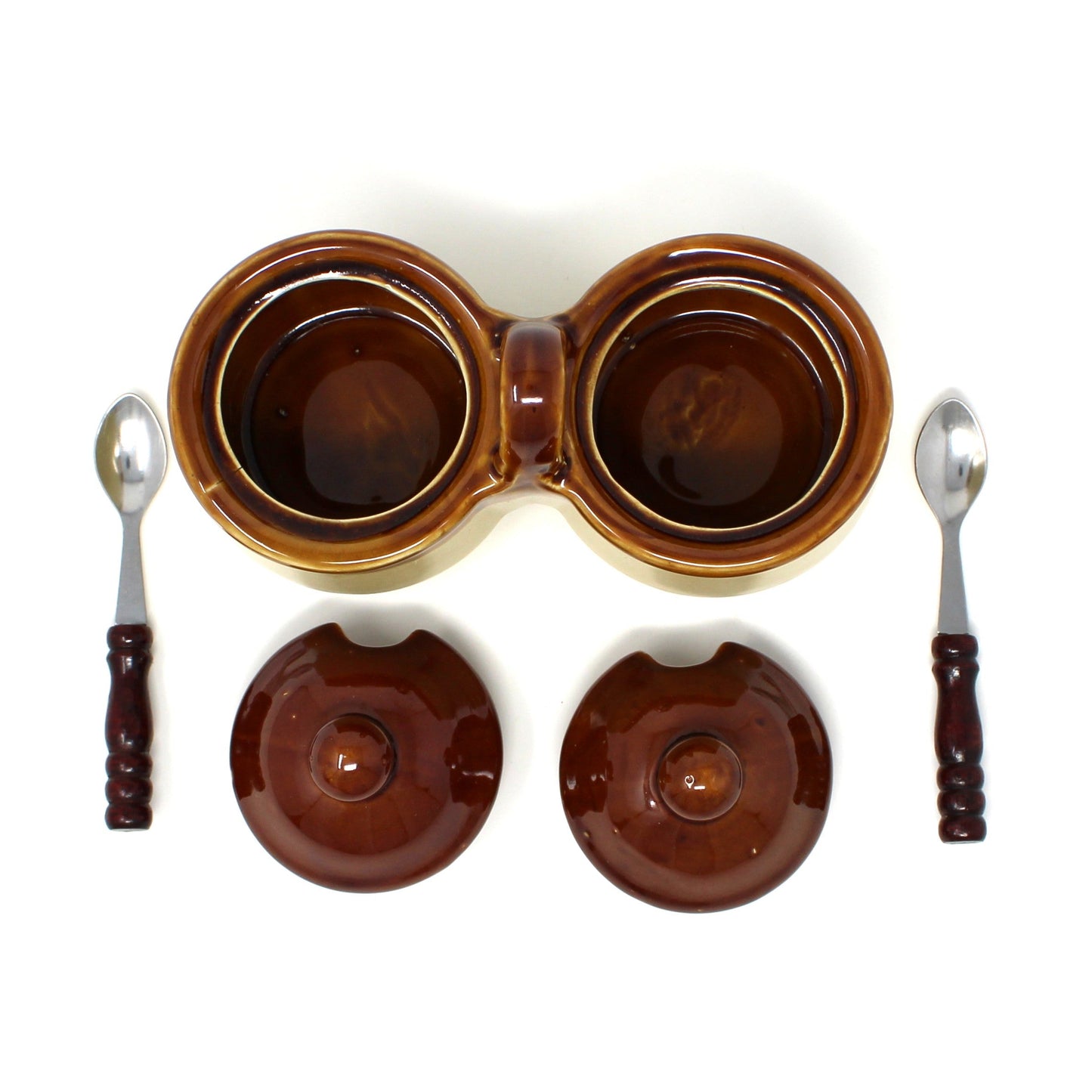Condiment Set, Double Crocks with Lids & Spoons, Two-Tone Brown Glazed Stoneware, Vintage 1970s