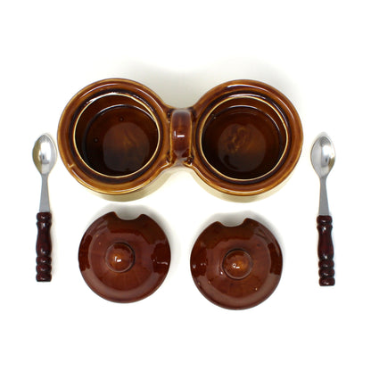 Condiment Set, Double Crocks with Lids & Spoons, Two-Tone Brown Glazed Stoneware, Vintage 1970s