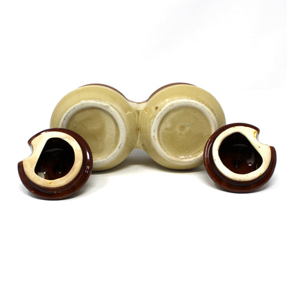 Condiment Set, Double Crocks with Lids & Spoons, Two-Tone Brown Glazed Stoneware, Vintage 1970s