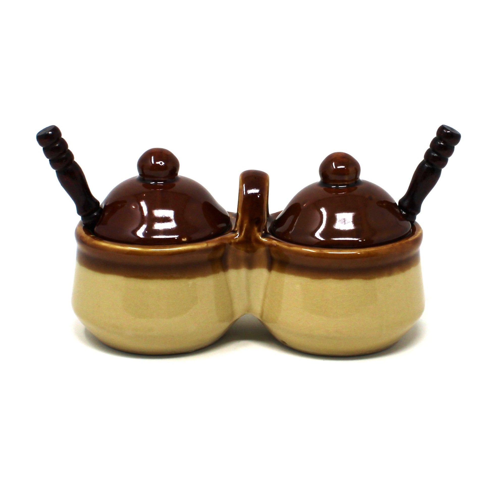 Vintage two-tone brown drip ceramic double condiment set with lids and spoons