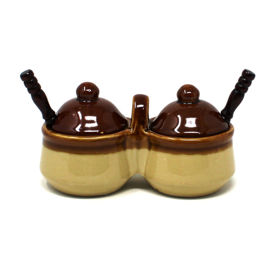 Vintage two-tone brown drip ceramic double condiment set with lids and spoons