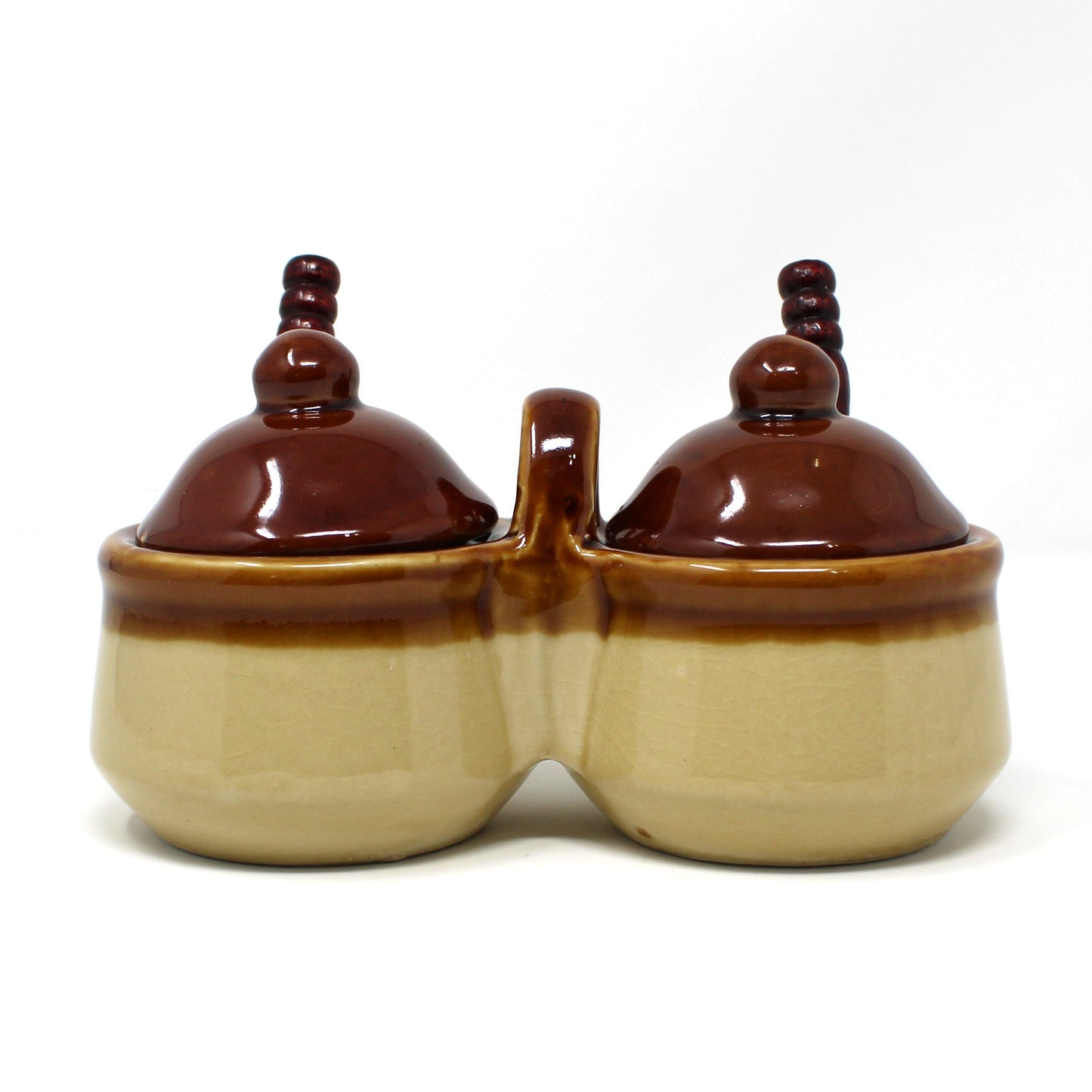 Condiment Set, Double Crocks with Lids & Spoons, Two-Tone Brown Glazed Stoneware, Vintage 1970s