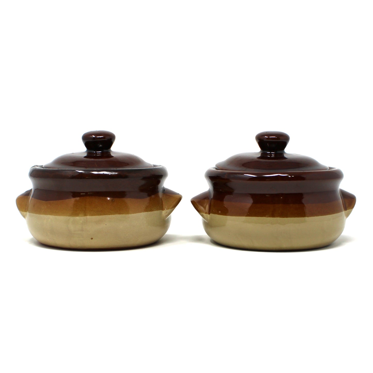 Two vintage soup crocks in two-tone  glazed ceramic, lidded pots with side handles