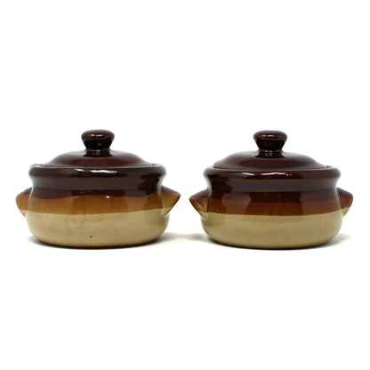 Two vintage soup crocks in two-tone  glazed ceramic, lidded pots with side handles