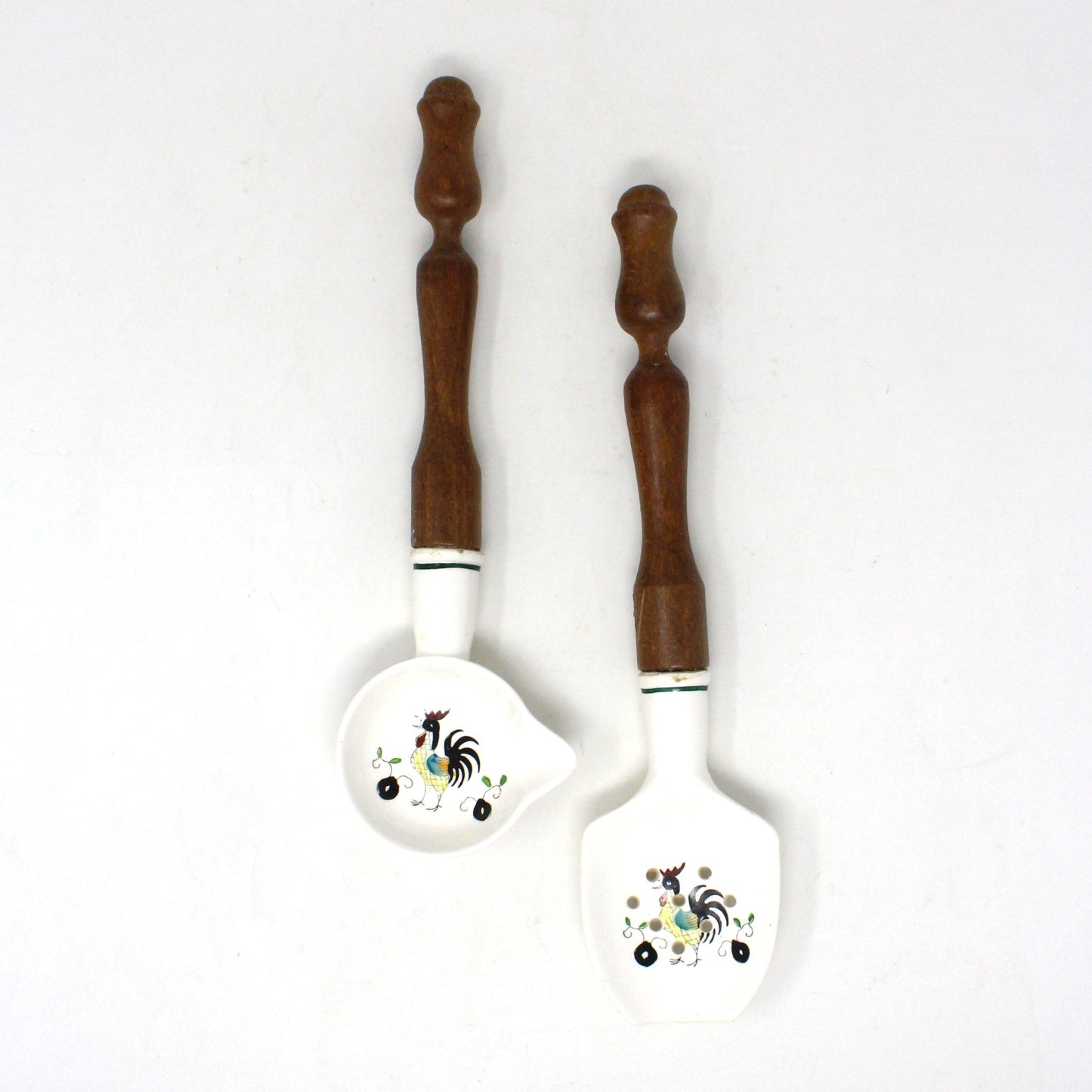 Spoon & Ladle / Separator Set, Kitchen Utensil Set Painted Rooster, Ceramic with Wood Handle, Vintage