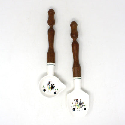 Spoon & Ladle / Separator Set, Kitchen Utensil Set Painted Rooster, Ceramic with Wood Handle, Vintage
