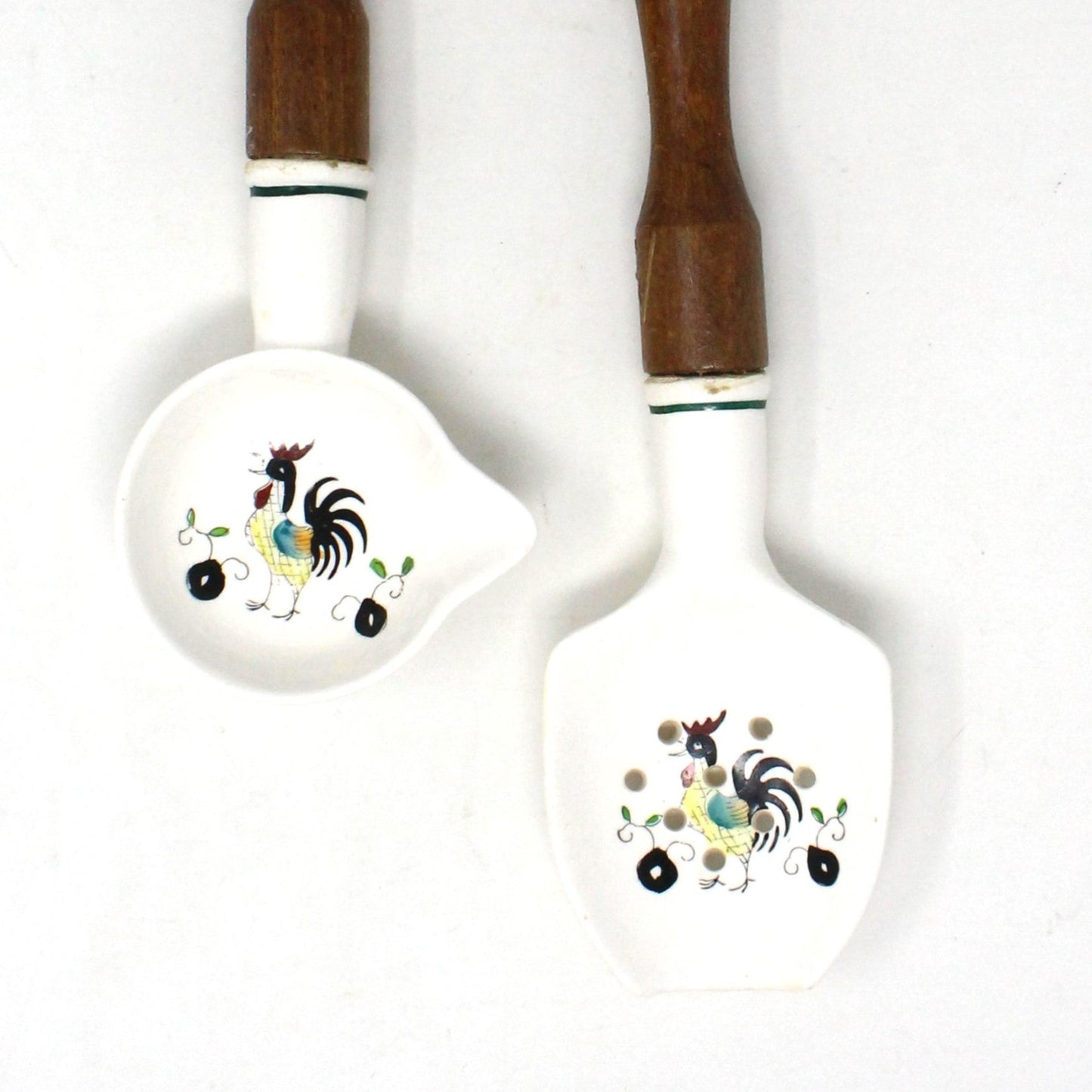 Spoon & Ladle / Separator Set, Kitchen Utensil Set Painted Rooster, Ceramic with Wood Handle, Vintage