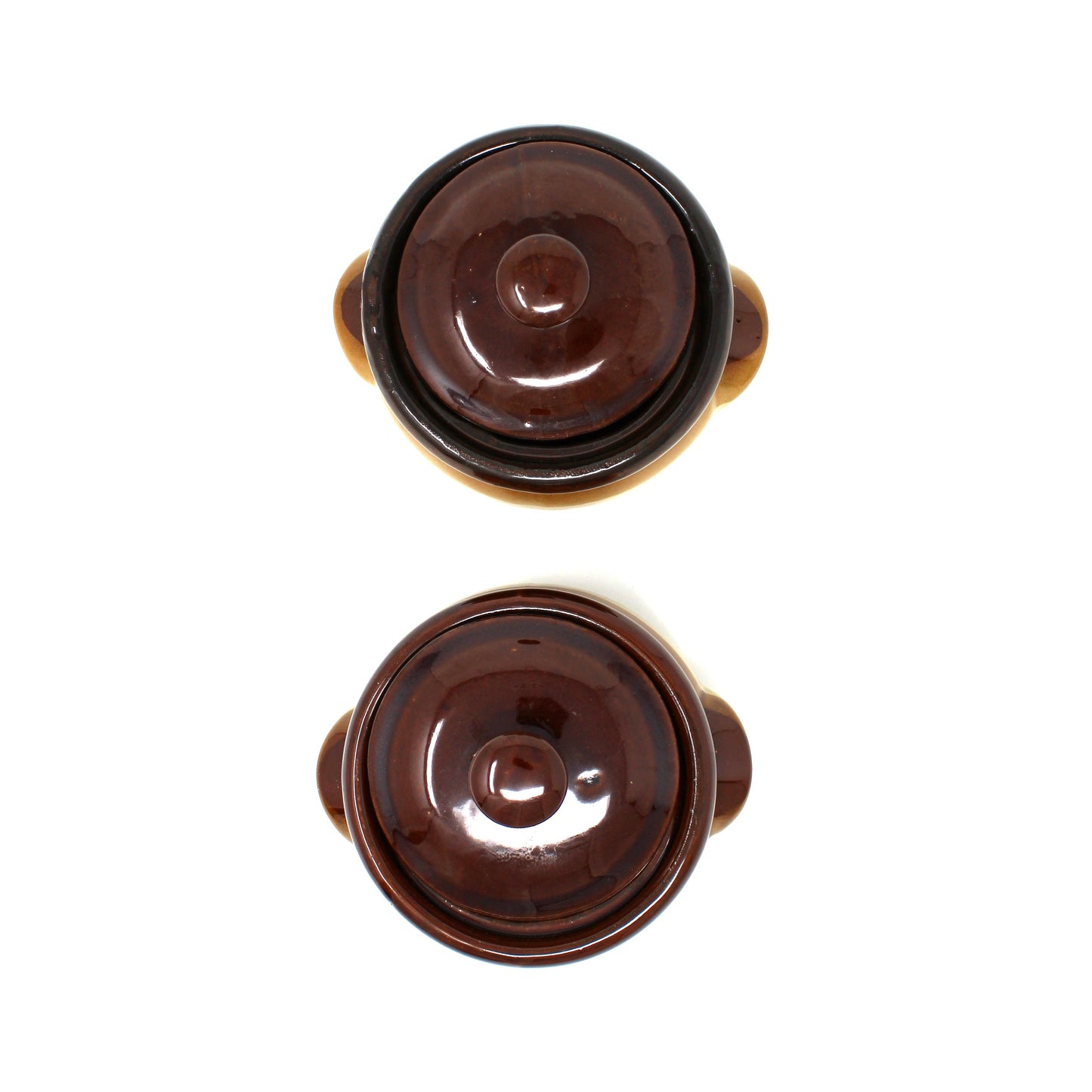 Two vintage bean/soup two-tone brown ceramic pots with lids, shown from above. 