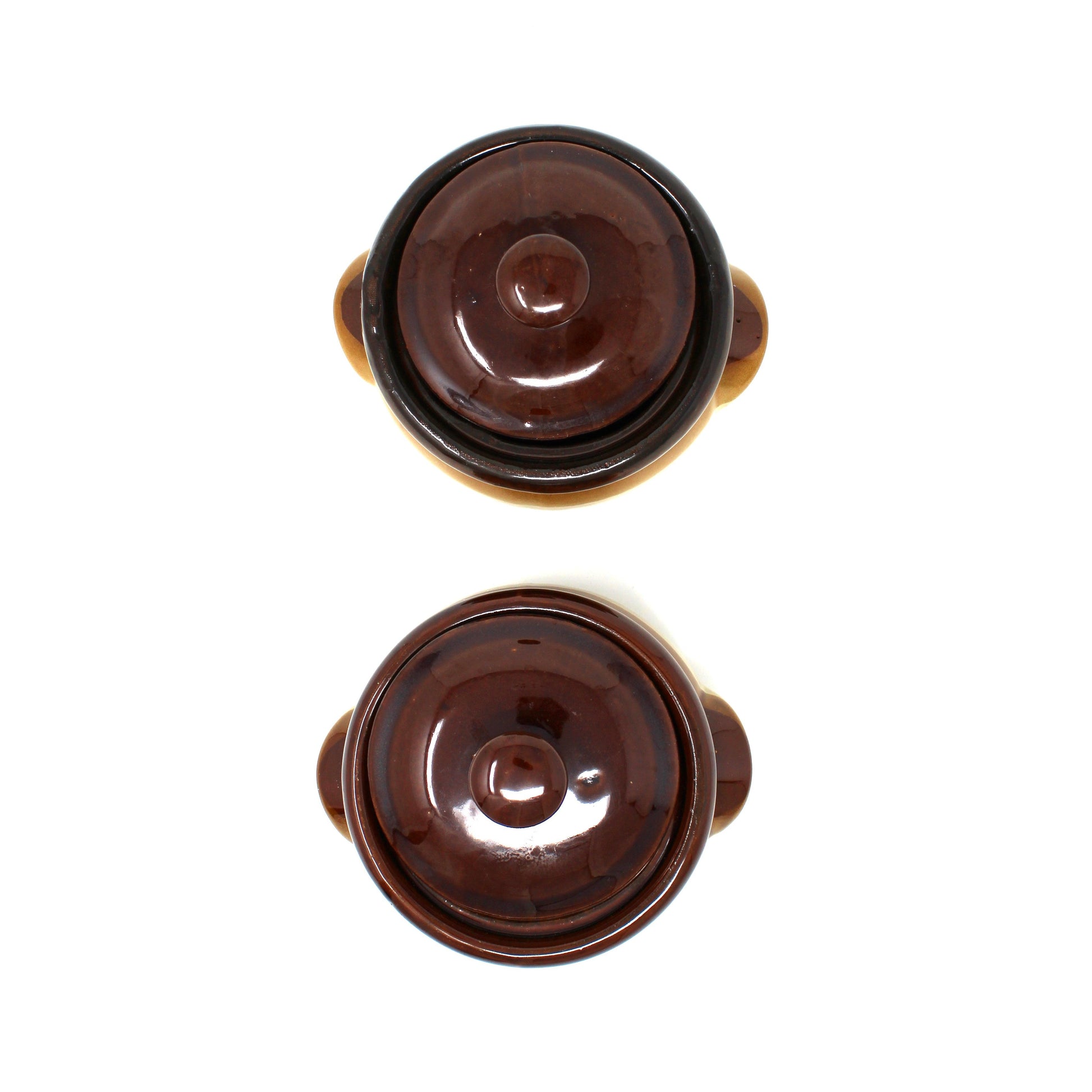 Two vintage bean/soup two-tone brown ceramic pots with lids, shown from above. 
