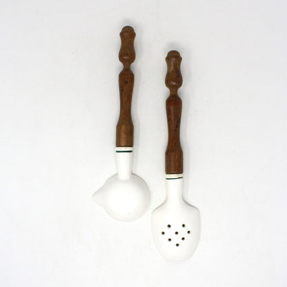 Spoon & Ladle / Separator Set, Kitchen Utensil Set Painted Rooster, Ceramic with Wood Handle, Vintage
