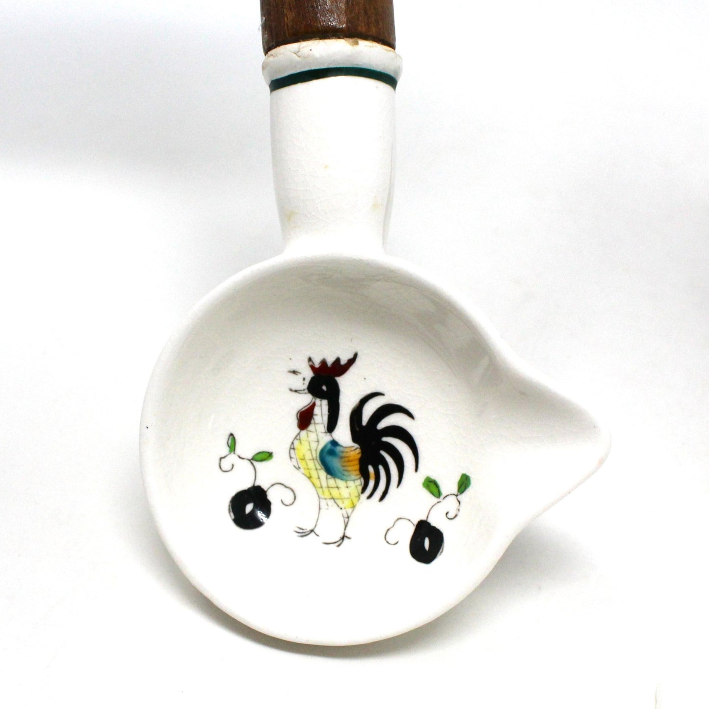 Spoon & Ladle / Separator Set, Kitchen Utensil Set Painted Rooster, Ceramic with Wood Handle, Vintage