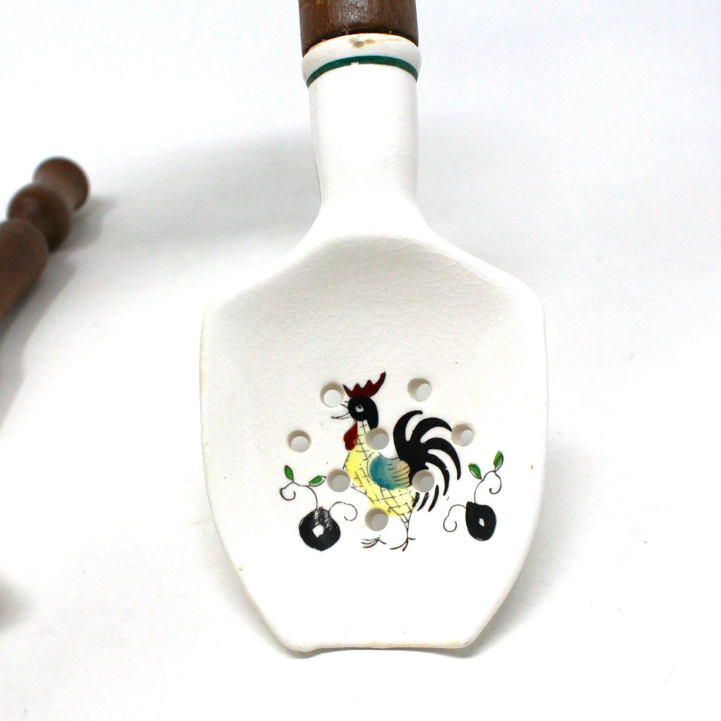 Spoon & Ladle / Separator Set, Kitchen Utensil Set Painted Rooster, Ceramic with Wood Handle, Vintage