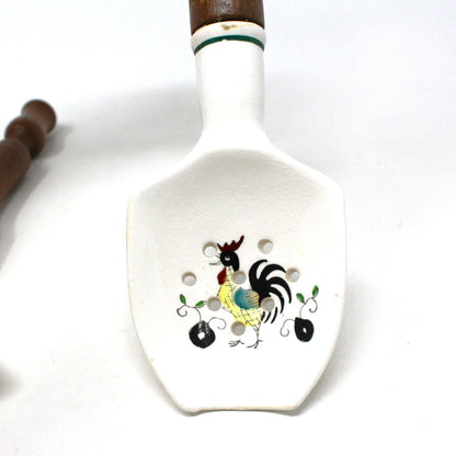 Spoon & Ladle / Separator Set, Kitchen Utensil Set Painted Rooster, Ceramic with Wood Handle, Vintage