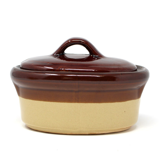 Casserole with Lid, Two-Tone Brown Glazed Stoneware, 1 QT Oval, Vintage 1970s