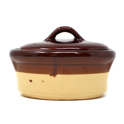Casserole with Lid, Two-Tone Brown Glazed Stoneware, 1 QT Oval, Vintage 1970s