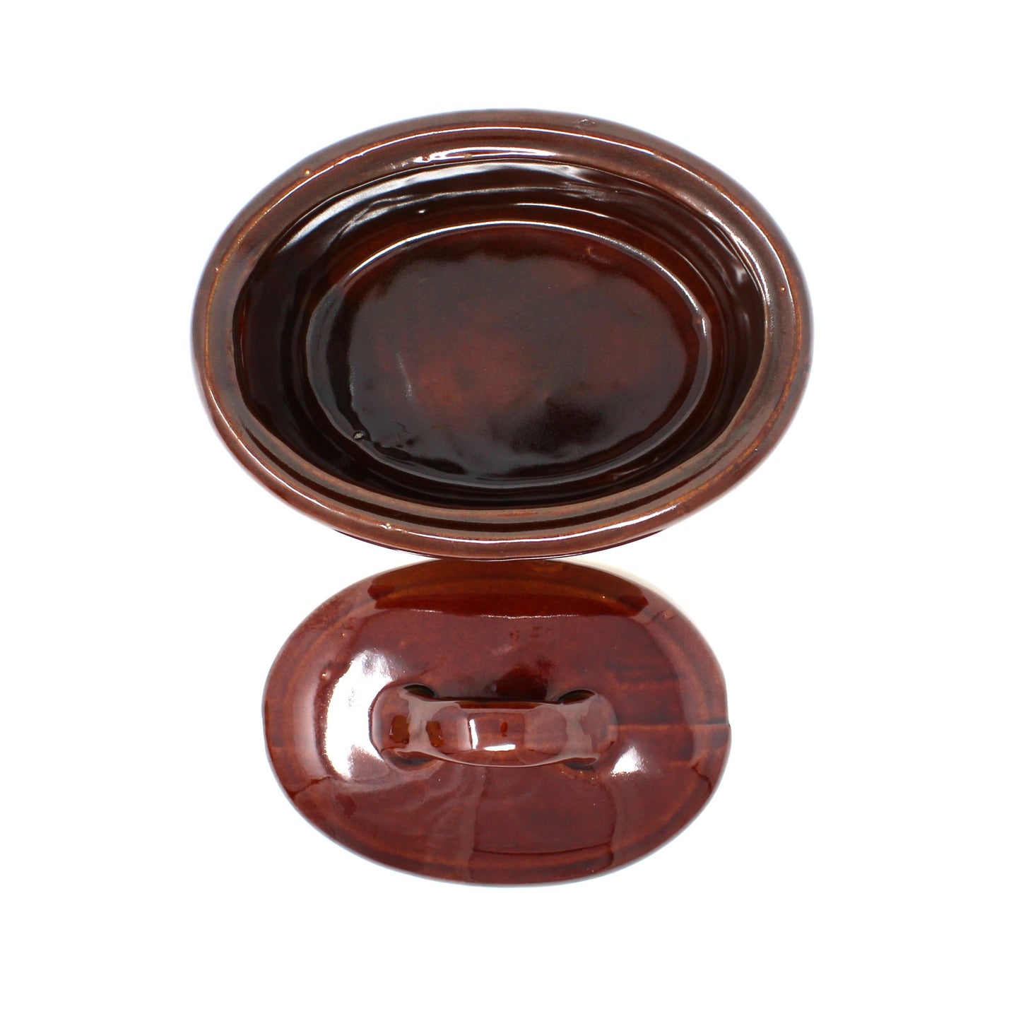 Casserole with Lid, Two-Tone Brown Glazed Stoneware, 1 QT Oval, Vintage 1970s
