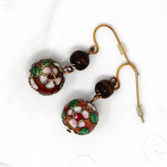 Earrings, Cloisonne Pink Flower Dangle Bead Earrings, French Copper Wire, Pierced, Vintage