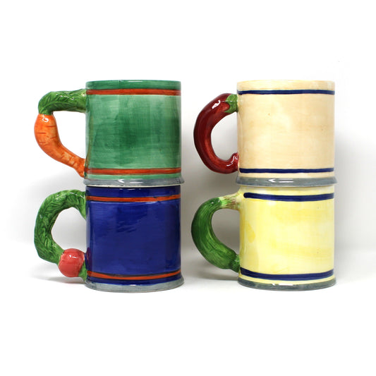 Mugs, Vegetable Mugs, Set of 4, Carrots, Corn, Peppers, Tomatoes, Ceramic, Vintage 1996